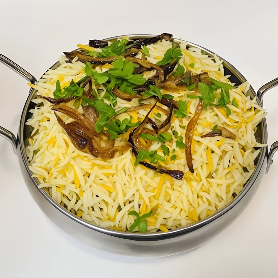 Indian biryani with rice, caramelized onions, and fresh herbs in a metal serving bowl.