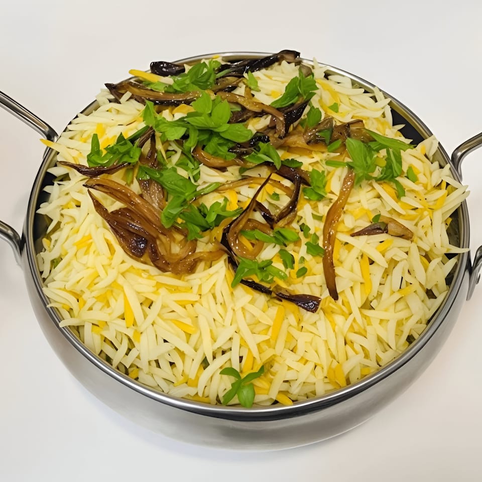 Indian biryani with long-grain rice, caramelized onions, and fresh herbs in a steel pot.